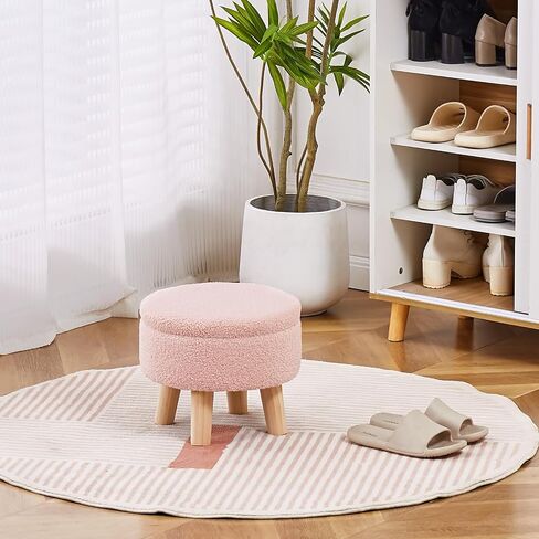 Wimarsbon Storage Ottoman, Modern Round Footrest with Soft Padded Seat, Teddy Velvet Footstool with Wood Legs, Accent Small Table or Plant Stand for Hallway, Living Room (Pink) in Kuwait