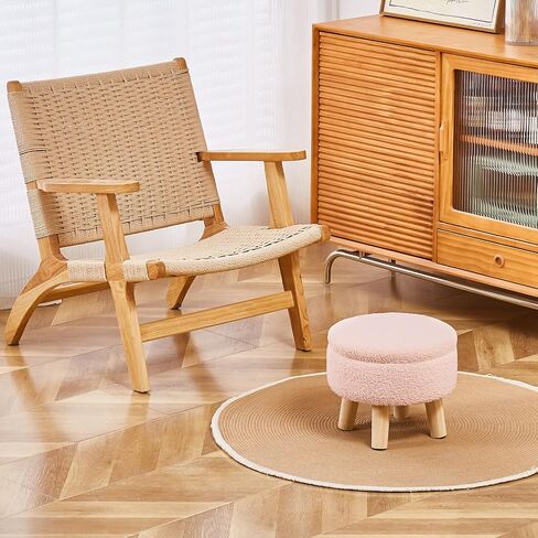 Wimarsbon Storage Ottoman, Modern Round Footrest with Soft Padded Seat, Teddy Velvet Footstool with Wood Legs, Accent Small Table or Plant Stand for Hallway, Living Room (Pink) in Kuwait