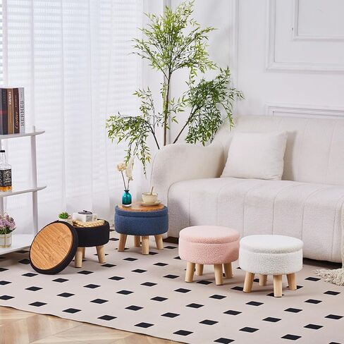 Wimarsbon Storage Ottoman, Modern Round Footrest with Soft Padded Seat, Teddy Velvet Footstool with Wood Legs, Accent Small Table or Plant Stand for Hallway, Living Room (Pink) in Kuwait