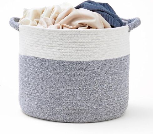 Woven Laundry Basket & Toy Organizer – 16" x 14" Cotton Rope Storage for Baby Laundry, Blankets, Stuffed Animals, Throws & Pillows – Decorative Basket for Living Room & Bedroom (White & Brown) in Kuwait