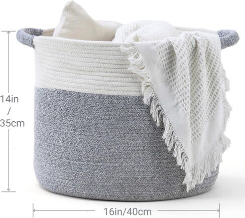 Woven Laundry Basket & Toy Organizer – 16" x 14" Cotton Rope Storage for Baby Laundry, Blankets, Stuffed Animals, Throws & Pillows – Decorative Basket for Living Room & Bedroom (White & Brown) in Kuwait