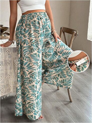 OYOANGLE Women's Maternity Tropical Print Elastic High Waist Long Pants Wide Leg Loose Casual Trousers in Saudi Arabia