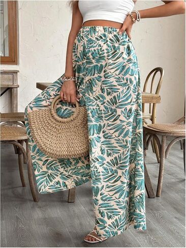 OYOANGLE Women's Maternity Tropical Print Elastic High Waist Long Pants Wide Leg Loose Casual Trousers in Saudi Arabia