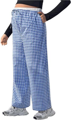 MakeMeChic Women's Maternity Gingham Plaid Pants High Waist Drawstring Straight Pregnancy Trousers in Saudi Arabia