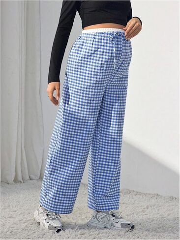 MakeMeChic Women's Maternity Gingham Plaid Pants High Waist Drawstring Straight Pregnancy Trousers in Saudi Arabia