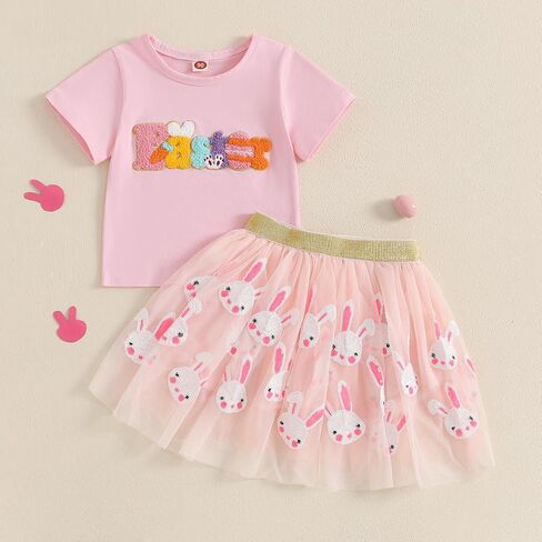 Kayotuas Toddler Baby Girl Easter Watter Thouse لطيف أرنب التطريز قصير الأكمام Tshirt Tulle Tulle Skirt مجموعة ملابس عيد الفصح للرضع in Kuwait
