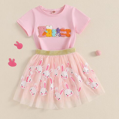 Kayotuas Toddler Baby Girl Easter Watter Thouse لطيف أرنب التطريز قصير الأكمام Tshirt Tulle Tulle Skirt مجموعة ملابس عيد الفصح للرضع in Kuwait