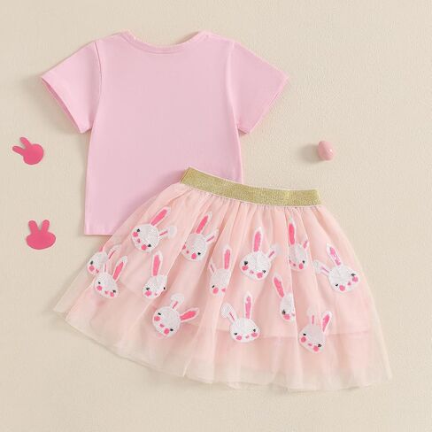 Kayotuas Toddler Baby Girl Easter Watter Thouse لطيف أرنب التطريز قصير الأكمام Tshirt Tulle Tulle Skirt مجموعة ملابس عيد الفصح للرضع in Kuwait