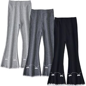 Toddler Cotton Baby Girls Flare Pants Girls Bell Bottoms Extra Wide Waistband Leggings with Bow Embroidery 3 Pack