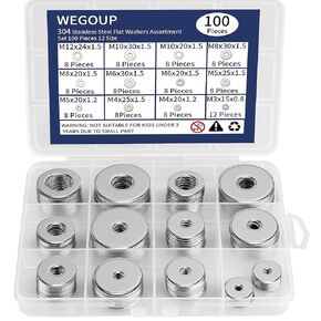 18-8(304) Stainless Steel Fender Washers, Flat Washers for Screws and Bolts, 100 Pieces Metal Washers Kit (12 Sizes M3-M12), Assorted Large and Small Hardware Washers Set for Home and Industrial Use