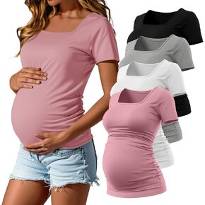 4 حزمة قمصان الأمومة للسيدات قمم الحمل مربعة الحمل على الجانب الآخر من الأكمام قصيرة الأكمام المحملات القطن ماما ماما (أسود ، وردي مغبر ، أبيض ، رمادي فاتح ، كبير)