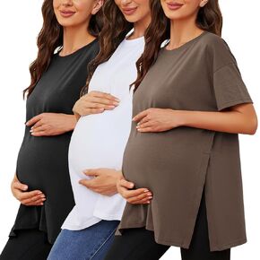 Liu & Qu Women's Maternity Shirts Short Sleeve Pregnancy Tops Loose Split Side Tunic Blouse Mama Clothes 3 Packs
