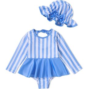 Baby Swimsuit Toddler Girl Swimsuit Infant Swimwear Ruffled One Piece Long Sleeve Bathing Suits for Girls +Hat 2Pcs