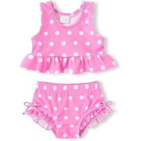 HAPPYMA Toddler Girls Swimsuit Outfit Ruffle Polka Dot Sleeveless Bikini Two Piece Bathing Suit for Baby