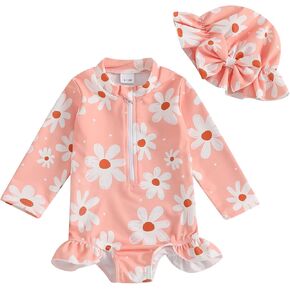 Infant Baby Girl Swimsuit Long Sleeve Zipper One Piece Bathing Suit with Sun Hat Swimwear Toddler Girl Rash Guard
