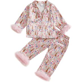 Multitrust Baby Girl Easter Day Silk Pajamas Set Bunny Carrot Button Down Feather Trim Sleeve Shirts Pants 2PCS Satin Pj Sets