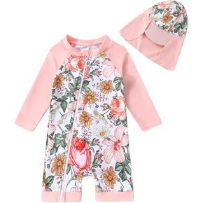 Toddler Baby Girls Swimsuit One-Piece Zipper Rash Guard Swimwear UPF 50+ Sun Protection Bathing Suit with Hat