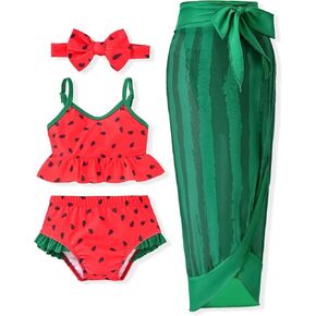 Infant Toddler Baby Girl Two Piece Swimsuit with Cover Up Skirt Ruffle Bathing Suit Bikini Headband Set