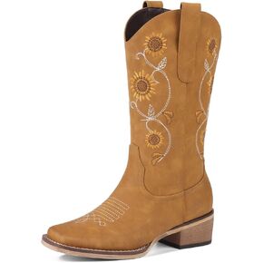 Cowboy Boots for Women - Mid Calf Western Sunflower Cowgirl Boots with Floral Embroidery, Square Toe Stitched Pull On Retro Design, Perfect for Country Idyll, Concerts and More