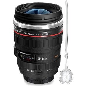 Camera Lens Coffee Mugs,Stainless Steel Lens Cups with Four Leaf Clover Spoon,Novelty Christmas Gifts for Photographers Sweeties Dad Men Women Photography Lovers