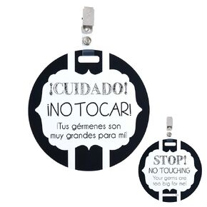 THREE LITTLE TOTS – Spanish No Touching Baby Car Seat Sign or Stroller Tag – Spanish on Front – English on Back - CPSIA Safety Tested
