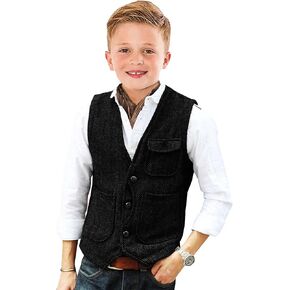 Retro Boys Tweed Vest for Kids Formal Dress Herringbone Suit Vest for Toddler Boy Wedding Waistcoat