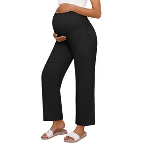 Huukeay Women's Cotton Linen Maternity Pants, High Waisted Lounge Pregnancy Pants Over The Belly Trousers with Pockets(Black,Small)
