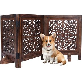 Decorative Freestanding Dog Gate – 60"x24" Folding 3 - Panel (Each Panel - 20") Wooden Pet Gate, Lucy Design, White Antique Finish, Indoor Dog Fence for Doorways, Hallways Stairs Home Use
