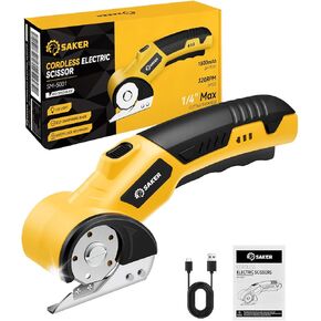 Saker Cordless Electric Scissors,Cardboard Box Cutter,4V Rechargeable Rotary Cutter with Safety Lock & LED Light,Cardboard Cutter for Cutting of Fabric, Leather, Carpet, Plastic, and More
