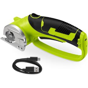 Cordless Electric Scissors, 4V Rechargeable Heavy Duty Rotary Cutter with LED Light & Safety Lock for Cardboard, Fabric, Leather, Carpet, Plastic, Crafting, Sewing, DIY & Industrial Use + Box (Red)