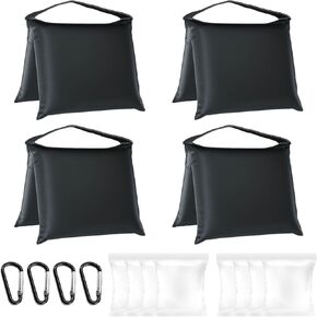 Photography Tripod Weight Bag Reinforce the Video Tripod with Sandbags Tents Umbrellas 4 Packs (No Sand) Equipped with 4 Aluminum Hiking Buckles and 8 PE Sealing bags (Black)