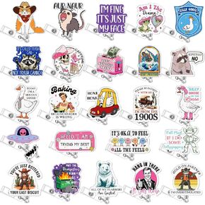 24 Pcs Funny Badge Reel Cute Badge Reels Retractable Name ID Clip Funny Badge Holder for Doctor Student Medical Assistant Coworker Work Accessories Bulk Gifts(Funny Style)