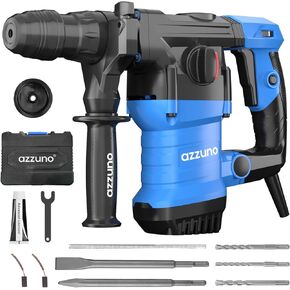 AZZUNO 1-1/4" SDS-Plus 15Amp Heavy Duty Rotary Hammer Drill, 4 Functions, for Drilling in Concrete, Brick and Stone, Includes Chisel and Drill Bits