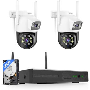 Wireless Security Camera System Outdoor, 2pcs 2K Dual Lens PTZ Auto Tracking Cameras for Home Security, 2.4G/5G WiFi, Color Night Vision, Human Detection, 16CH NVR with 500GB HDD