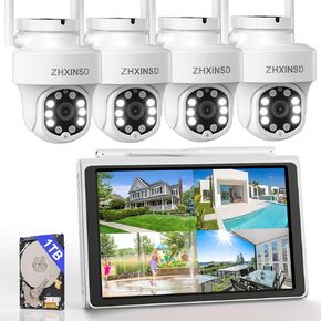 ZHXISND 5MP 10CH Home Security Camera System Outdoor, 5G/2.4G WiFi 4K Surveillance 10" Monitor with 1TB HDD for 24/7 Recording, Auto-Tracking, Color Night Vision, DC Power Plug-in, 0 Monthly Fee