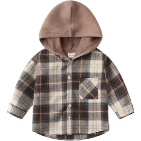 Boys Plaid Hooded Shirts Jacket Long Sleeve Button Down Jackets with Pockets Top Outwear Clothes