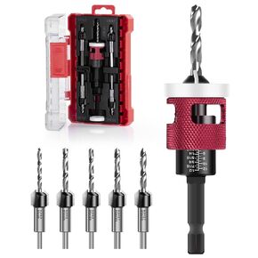 Countersink Drill Bit Set - 5 Pcs Countersink Drill Bit with Low Friction Depth Stop, Replaceable HSS M2 Tapered Bits, Carbide Drill Bits 1/4" Hex Shank for Woodworking Tools & Hand Tools