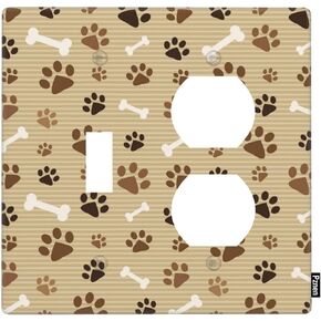 Paw Print Brown 2-Gang Wall Plate Dog Bone and Paw Combo Plate 1 Toggle Switch Cover 1 Duplex Outlet Cover, Standard Size 4.5" x 4.57"