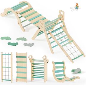 BlueWood 10-in-1 Pikler Triangle Set, Toddler Climbing Toys Indoor, Montessori Climber, Baby Jungle Gyms with Arch, Extra Rope Ladder & Footprint Balance Beam - Emerald Forest