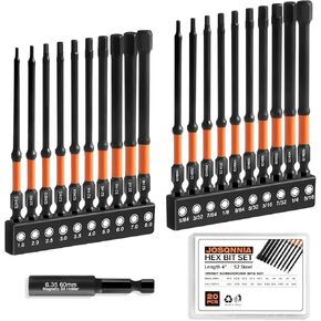 Allen Wrench Drill Bit Set for Impact Drivers - 20 Piece 4" Long Hex Bits (Metric & SAE) with 1/4" Hex Shank, S2 Steel and Magnetism, Heavy-Duty CNC Machined Tips, Extension Socket and Storage Box