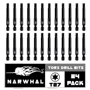 T25 Torx Bits (24 Pack - 2 Inch Impact Grade) 6 Point Torx Star Bit with Hex Shank - Hardened CRM Steel Alloy - Case Included