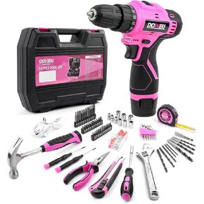 DOWELL 147 Pcs Pink Tool Kit with 12V Cordless Drill with 3/8" Keyless Chuck for Women, Home, Men, Built-in LED, Type-C Charge Cable