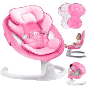 Bluetooth Baby Swing for Infants, Compact & Portable Pink Baby Girl Rocker, 3 Seat Positions, 5 Swing Speed, 10 Lullabies, Remote Control, USB Plug-in Power, Reversible Cushion for All Seasons