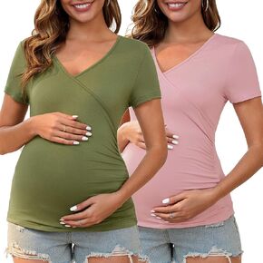قمم تمريض الأمومة النسائية Ruched Wrap v الرقبة القصيرة الأكمام الرضاعة الطبيعية ثي شيرت الملابس 2 عبوة