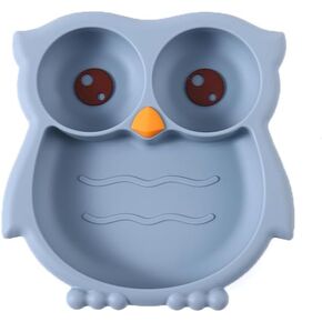 PandaEar Toddler Suction Plates, Stay Put Divided Baby Plates, Owl Shape BPA-Free 100% Food-Grade Silicone Unbreakable Baby Plate, Baby Feeding Supplies, Blue