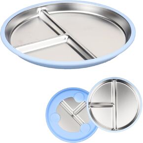 Stainless Steel Baby Plates with Suction,9"Compartment Divided Dish, Removable and Dishwasher Safe Food Grade Silicone Sleeves,BPA-Free,Unbreakable Toddler Feeding Set (orange+yellow)