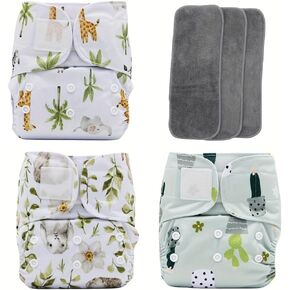3 pcs Hook and Loop Fasteners Design Baby Reusable Cloth Diapers with 3 Microfier Inserts (Animals Prints)