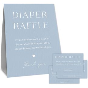 Minimalism Baby Shower Diaper Raffle Game Set, 1 Blue Standing Sign & 50 Diaper Raffle Tickets, Supplies & Decorations For Gender Reveal, Baby Announcement, Baby Shower - A05
