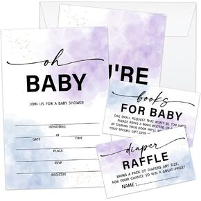 Set Of 25 Oh Baby Shower Invitation Set, Baby Shower Invitations Gender Neutral, Watercolor Invitation Cards With Envelopes Including Book Request Card & Diaper Raffle Tickets -007