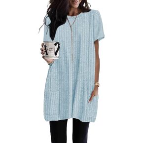 Naggoo Summer Womens Tunic Tops for Leggings with Pockets Loose Fit Short Sleeve Casual Long T Shirts